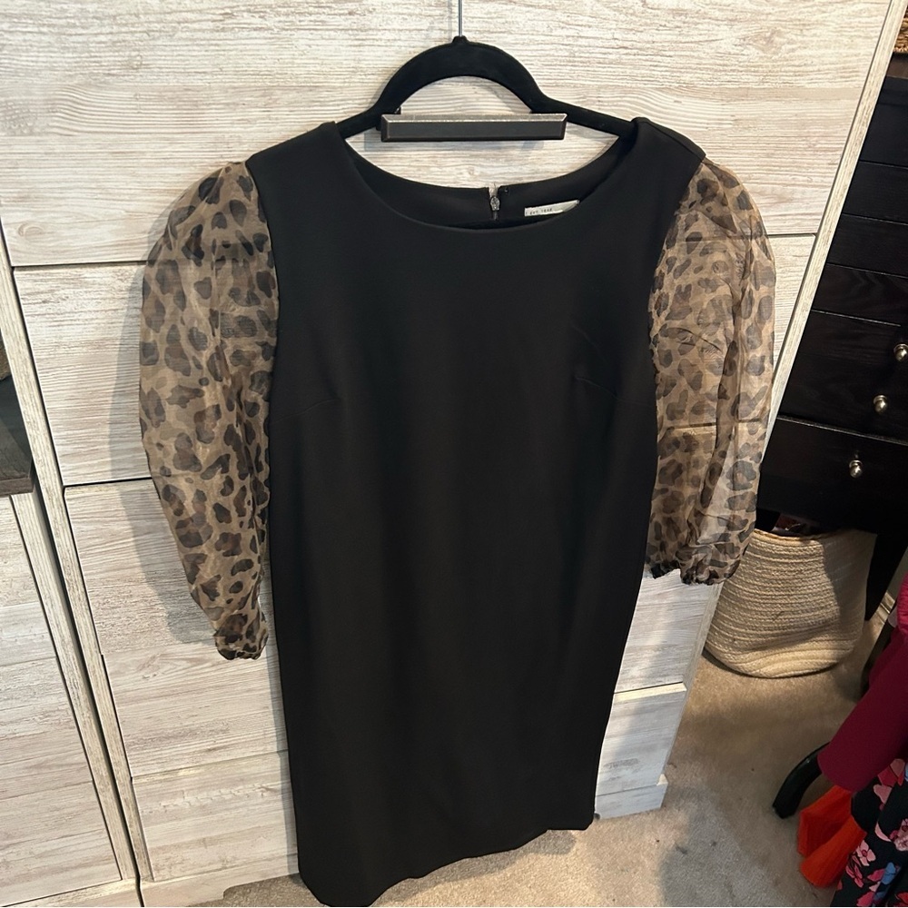 Cato Black Sheath Dress – Size Medium – Leopard Print Puff Sleeves